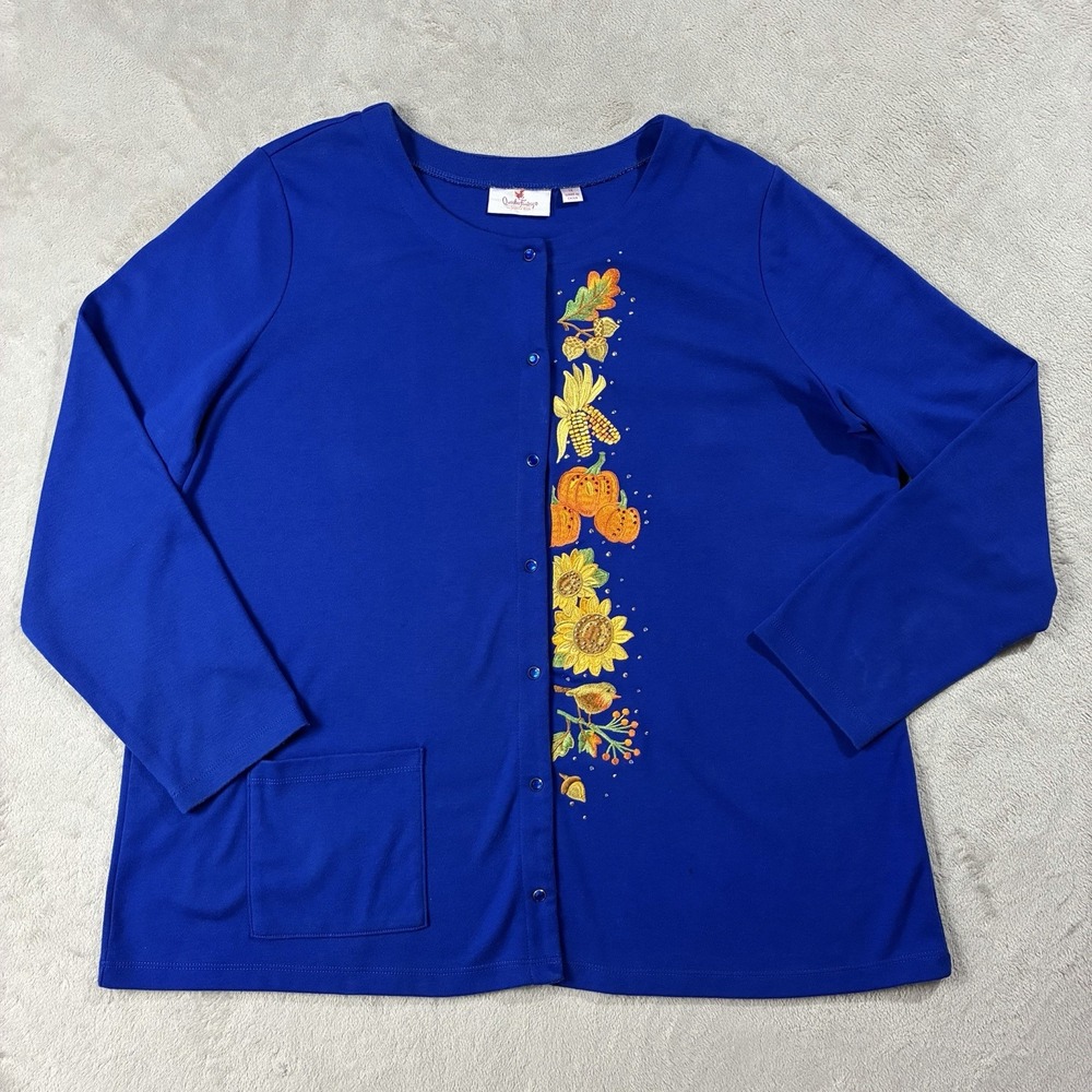 Quacker Factory Pearl Snap Fall Pumpkin Sunflower Bird Cardigan Blue Women's 1X